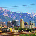 Skyline of Salt Lake City downtown in Utah with Wasatch Range Mountains