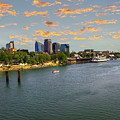 Sunset above Sacramento skyline, Sacramento River and Tower Bridge in California